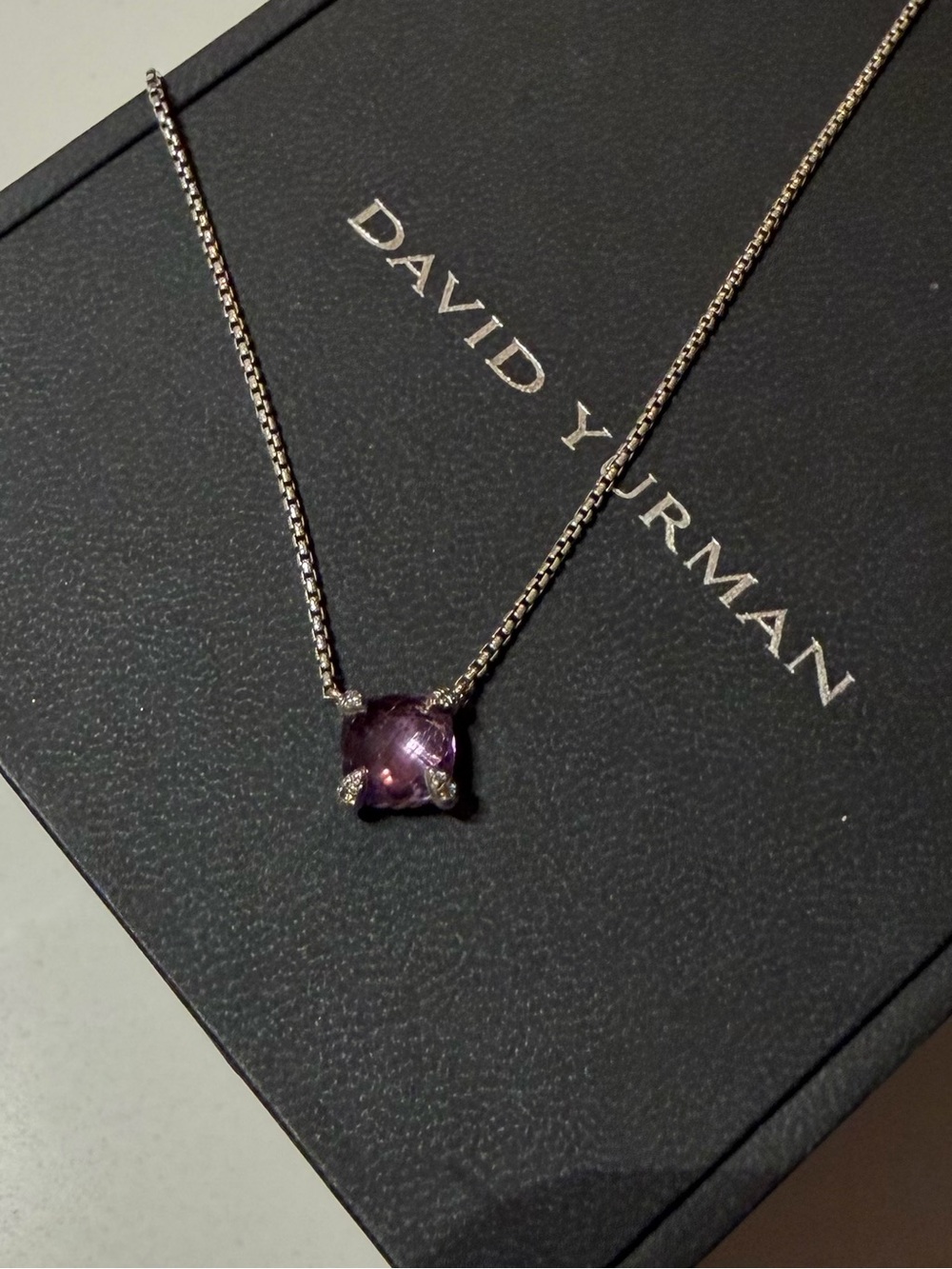 David Yurman Sterling Necklace with Purple Amethyst Cushion Stone